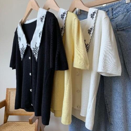 French Girl, Embroidered Doll Collar, Pearl Button Ice Silk Knit Shirt, Short-sleeved Womens T-shirt, Summer New Top Women