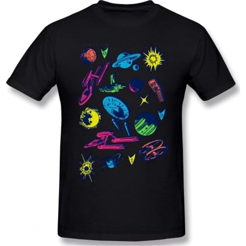 Ships And Planets Neon Retro Collage Homme Big size T-Shirt Star Trek Science FictionTV Series Tee Cotton Oversized Short Sleeve