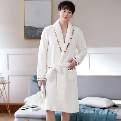 Mens White Bathrobe Flannel Kimono Long Sleeve Robe Thicken Warm Pajamas Male Gown Bathrobe Men Homewear Masculina Bath Robe