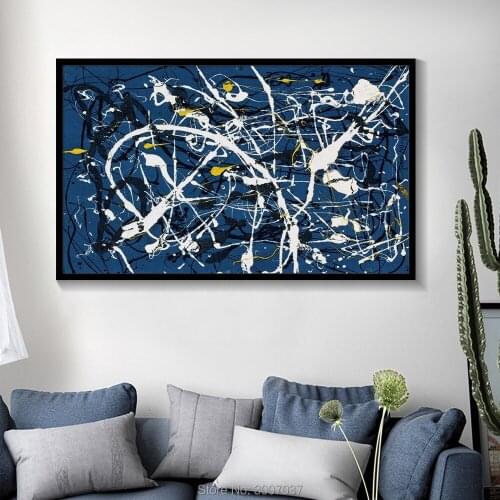 Jackson Pollock Abstract Oil Painting on Canvas Wall Art Blue and White Color Modern Painting Art Home Decoration Wall Pictures