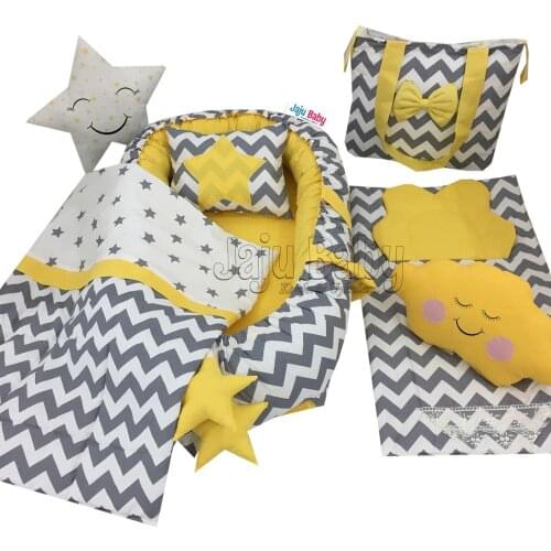 Jaju Baby Babynest Gray Zigzag Orthopedic Luxury Baby Nest 8 Piece Set Baby Bed