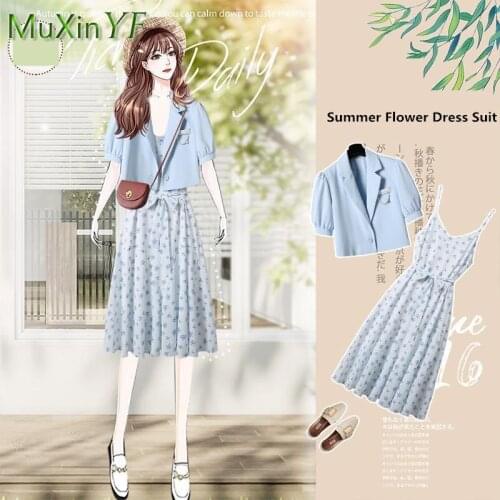 Summer floral dress women 2021 new elegant Vintage Casual suit dresses two-piece Korean fashion sweet Blazers top skirt set