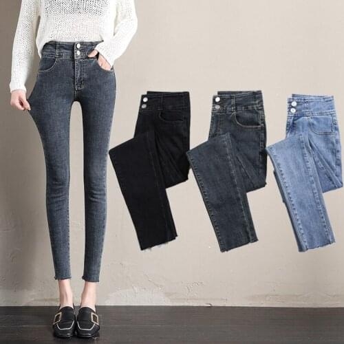 Fashion Skinny Women Jeans High Waist Slimming Pencil Pants Trousers Zipper Placket Button Decoration Ladies Pants