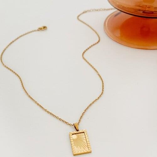 Monlansher Square Coin Pendant Necklace Geometric Embossed Sun Frame Titanium Steel Chain Necklace Vintage Necklaces Jewelry