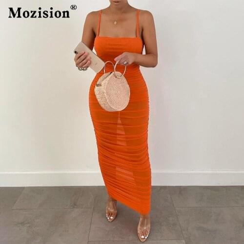 Mozision Mesh Transparent Long Dress For Women Sleeveless Backless Party Summer Dresses Fashion Sexy Beachwear Female Vestidos