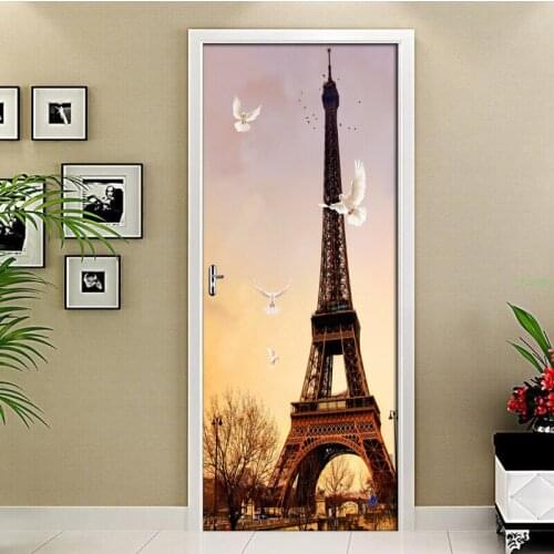 DIY Door Stickers PVC Waterproof Self-adhesive Paris Tower Flying Pigeon Wallpaper For Living Room Door Decor Mural Wall Sticker
