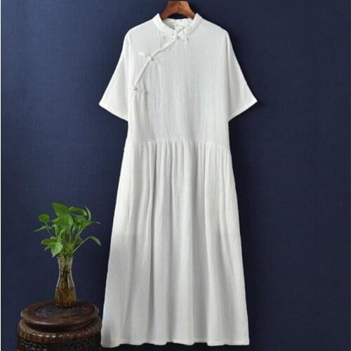 Summer New Style Women Dress 2020 Autumn Cotton Linen Buckle Stand Collar Half Sleeves Dress Vestido Plus Size L-6XL