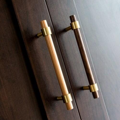 New Simple Design Brass Handle Solid Walnut Zelkova Cabinet Drawer Wardrobe Door Knob Nordic Furniture Long Handle
