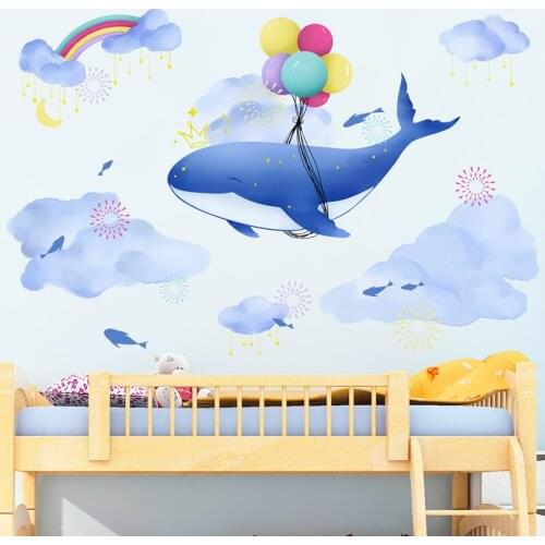 [shijuekongjian] Cartoon Whale Clouds Wall Stickers DIY Balloons Animal Mural Decals for Kids Rooms Baby Bedroom Home Decoration