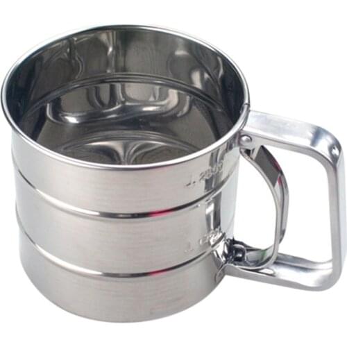 Stainless Steel Shaker Sieve Cup Mesh Crank Flour Sifter with Measuring Scale for Flour Icing Sugar