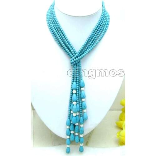 SUPER LONG 45" Light Blue 4mm round Stone 3 Strands NECKLACE-nec5739
