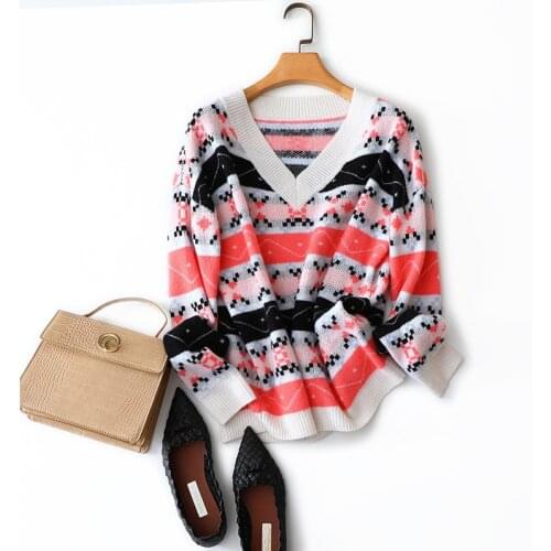 Autumn winter 100% cashmere vintage sweaters women v neck fashion striped sweaters knitted elegant england styles pullover