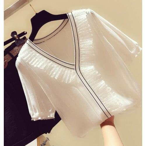 Knitted Chiffon Patchwork Women Blouse Solid Summer New 2021 V-Neck Elegant Office Lady Pulls Tops