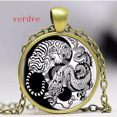 Vintage Art Yin Yang Dradon and Tiger Necklace Pendant Kolye Cabochon Black Long Chain Statement Necklace For Boys