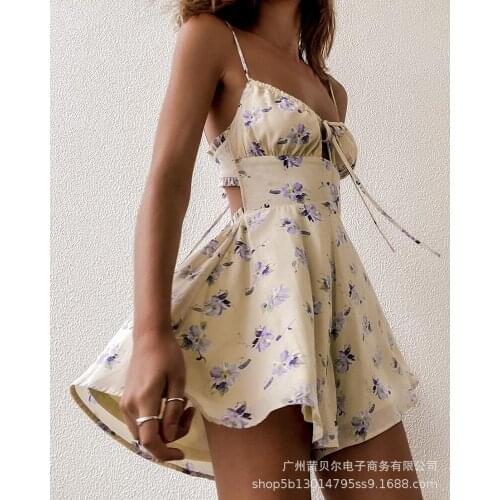 Foreign trade new product 2021 new printing waist drawstring halter dress