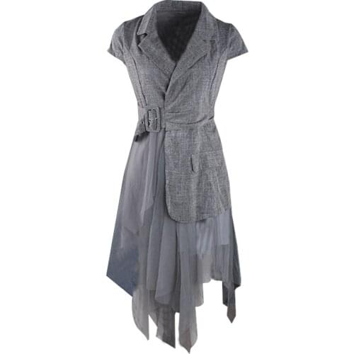 PERHAPS U Women Gray Notch Collar Mesh Patchwork Short Sleeve Knee Length Loose Summer Asymmetrical Dress Casual D2483