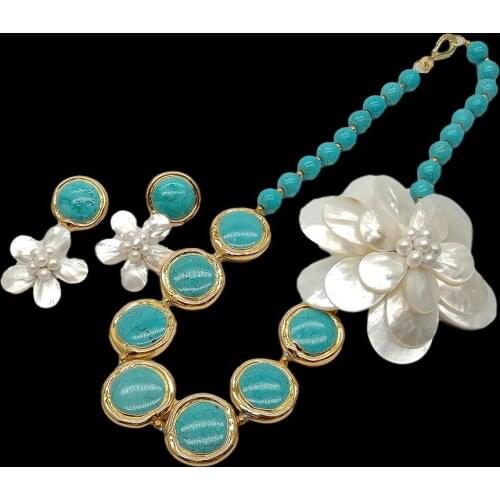 YYGEM Coin Blue Turquoise White pear Shell Flower connector chorker Necklace Earrings Set