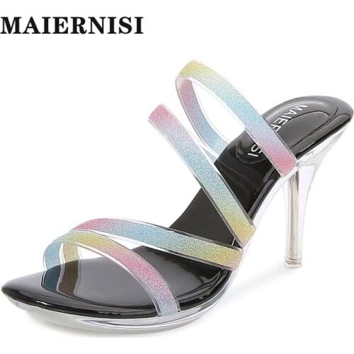 MAIERNISI Womens Shoes 2020 Summer New Slippers Women Transparent Crystal Heel Non-slip Slides Female Thin Heel 8cm High Heels