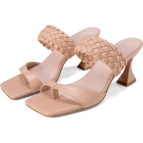 2021 Women Weave Flip Flop Slippers Woman Square Toe Sewing High Heels Shoes Female Solid Womens Ladies Summer Office Plus Size