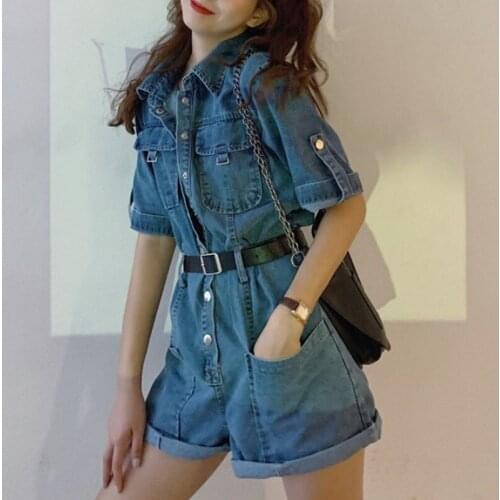 Women Casual Summer Denim Romper High Waist Jeans Overall BF Wide Leg Jumpers Lapel Pocket Shorts Jumpsuit Playsuit Jumpsuits