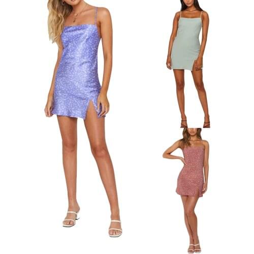 2021 New Women Summer Slip Dress, Floral/Solid Color Spaghetti Straps Sleeveless Slit Skirt for Girls, Blue/Wine Red/Gray