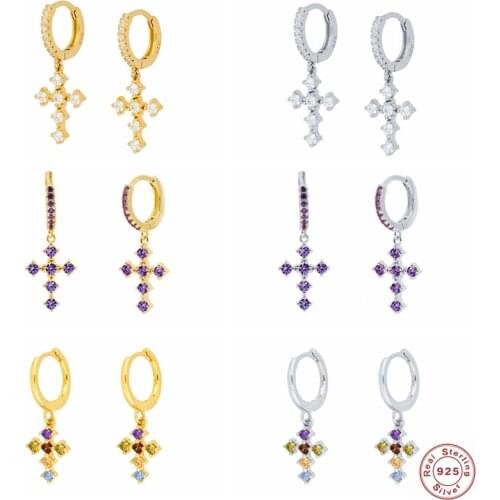 100% Real 925 Sterling Silver Cross Pendant Drop Earrings For Women Girl Bling Colorful Zircon Dangle Earring Pendientes Cruz
