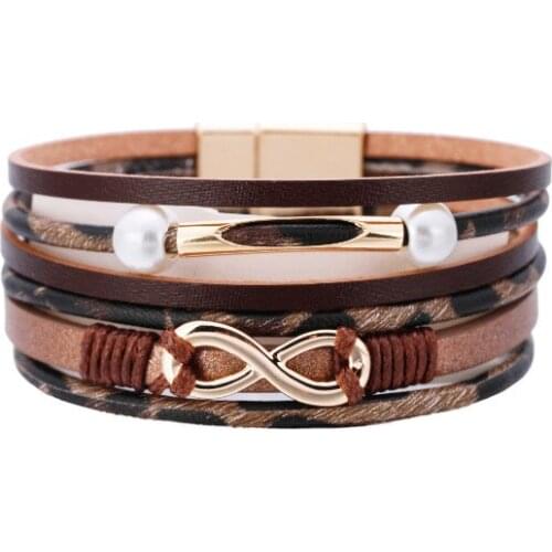 Bracelet Personalized Retro Jewelry Leopard-print Pearl Copper Tube 8 Word Accessories Multilayer Magnetic Leather Bracelet