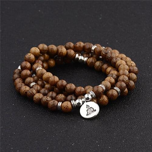 Wood Beads OM Lotus Bracelet Tibetan Buddhist Mala Buddha Charm Bracelet Yoga Rosary Necklace Wooden For Women Men Jewelry