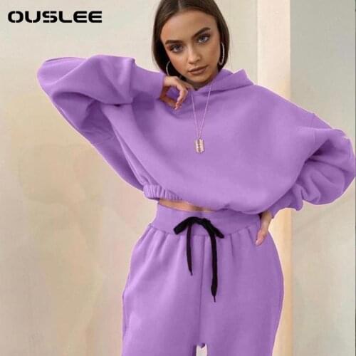 OUSLEE Fleece Womens Tracksuit Cropped Hoodies Set Long Sleeve Drawstring Tops Suit Female Autumn Casual Lady Sportswear Sets