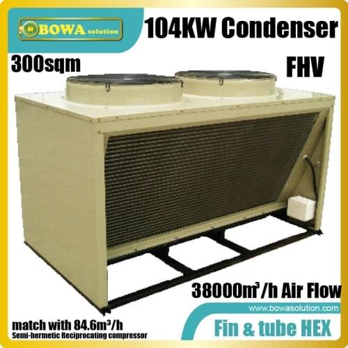 104KW box type condenser with V-shape coil matches with 85m3/h displacement reciprocatingcompressors, such as 4G20.2/30.2Y