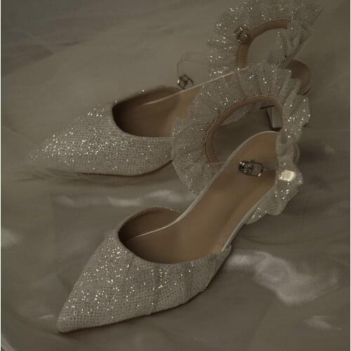 Summer white mesh gauze shiny pointed toe low-heeled bride wedding shoes banquet dress princess thick high-heeled women sandals