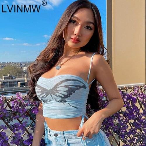 LVINMW See Through Sexy Slim Lace Up Butterfly Tops Printed Shirring Fashion Summer Crop Top Backless Casual Skinny Women Camis