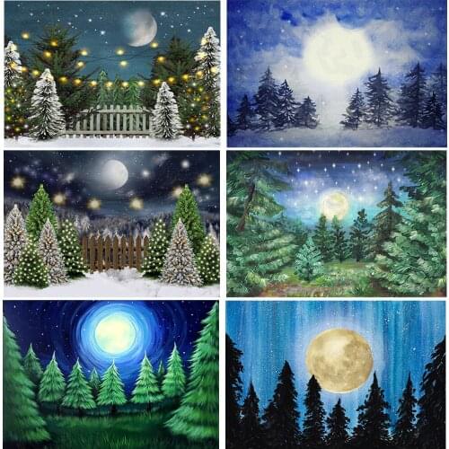 Mocsicka Winter Christmas Snow Backdrop Oil Painting Green Pine Tree Stars Moon Decor Photographic Studio Photo Backgrounds