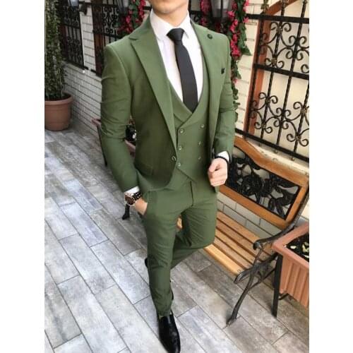 Custom Made Men Suits Olive Green Groom Tuxedos Notch Lapel Groomsmen Wedding Best Man 3 Pieces ( Jacket+Pants+Vest+Tie ) C894
