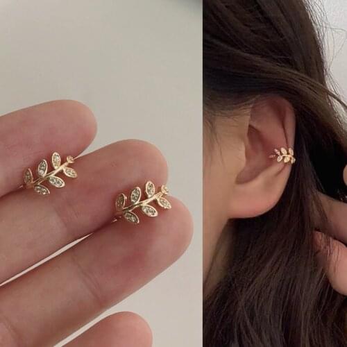 New Trendy Crystal Leaf Ear Cuff Simple Leaves Earcuff Fake Piercing Earrings for Women No Hole Clip on Ear Fashion Jewelry