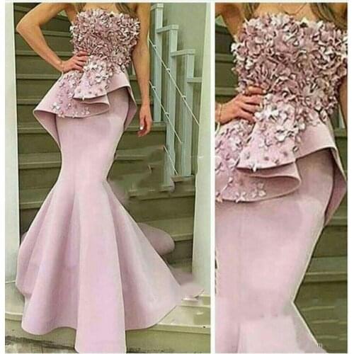 New Sexy Strapless Pink Lace 3D-floral Appliques Mermaid Evening Dresses Peplum Satin Belt Elegant Sleeveless Prom Gowns Custom