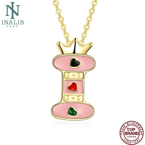 INALIS Pink Letters Series Necklace For Women Trendy Gold Plated Pendent Jewelry Cute Crown Letter I Heart Necklace Wife Gifts