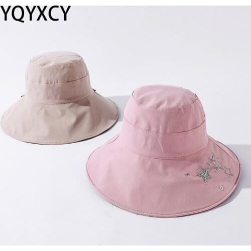 YQYXCY Bucket Hat Women Summer Spring Embroidered Star Big Brim Fisherman Cap Outdoor Leisure Double Side Folding Sun Hat Female