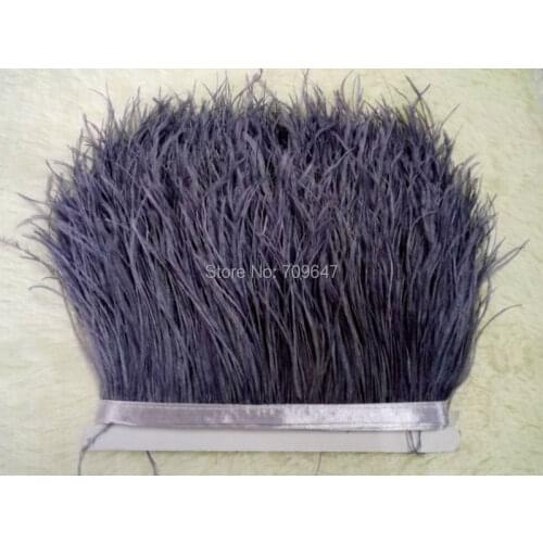 Feather Lace!10 yards/lot DARK GREY ostrich feather trimming fringe on Satin Header 5-6inch in width for Wedding Dress