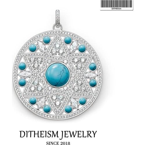Blue Stone CZ Ornament Disc Pendants, 2018 Fashion Jewelry 925 Sterling Silver Trendy Gift For Women Girls Fit Necklace