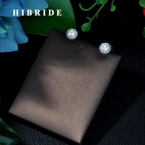 HIBRIDE Luxury Female White Round CZ Stud Earrings Fashion Wedding Jewelry Crystal Zircon Earrings For Women E-24