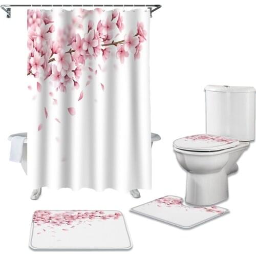Pink Cherry Blossoms Durable Waterproof Shower Curtain Set Bathroom Rugs Carpet Toilet Seat Cover Pad Floor Mat