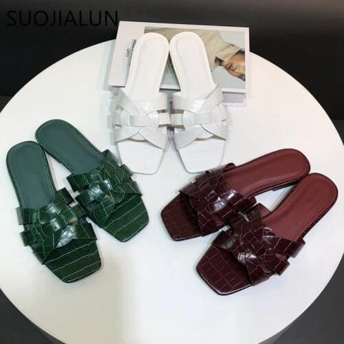 SUOJIALUN Women Brand Slippers Summer Slides Fashion Patent Leather Open Toe Flat Casual Shoes Sandal Beach Flip Flops Size 41