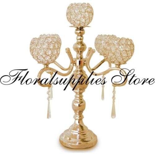 Wedding Gold Candle Holders Floral Riser Crystal Metal 5 Arms Candelabra for Wedding Centerpieces