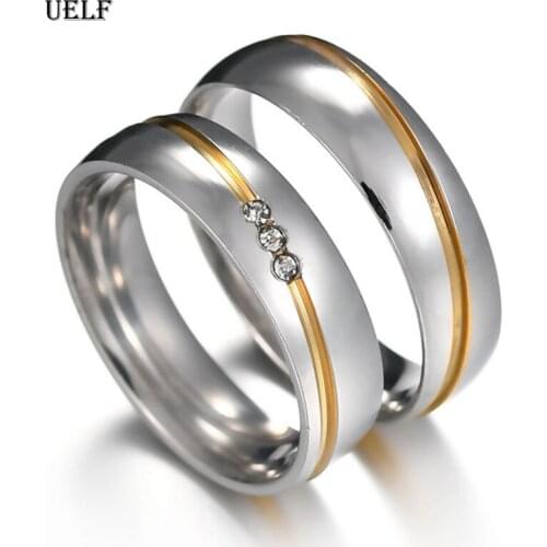 Uelf free shipping 6mm Light Zircon CZ gold color 316L Stainless Steel finger rings men women jewelry wholesale lots