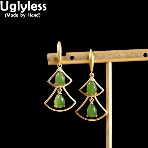 Uglyless Like a Christmas Tree Pine Earrings for Women Nature Jasper Earrings Gold Hollow Triangle Brincos 925 Silver Fine Jewel