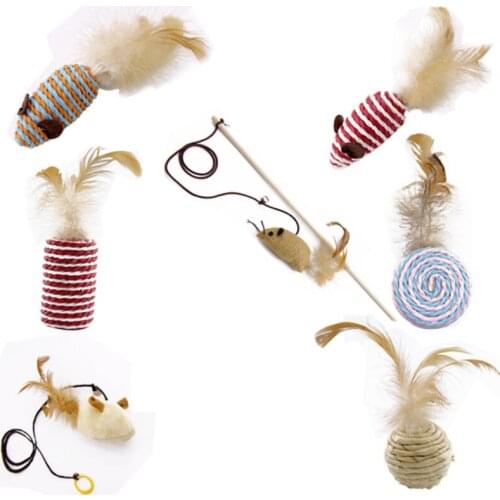 Funny Cat Toys 7pcs/set Wooden Pole Funny Cat Stick with Bell Mouse Feather Chew Toy Interactive Stick