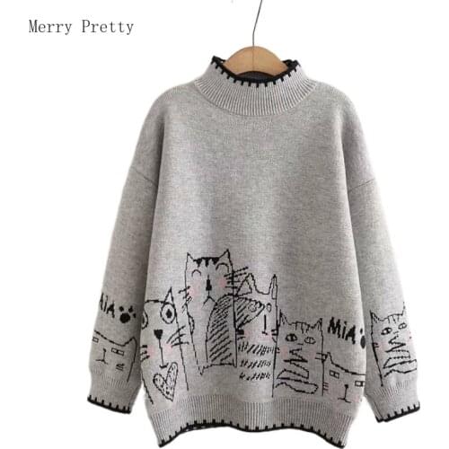 Turtleneck Cartoon Cat Embroidery Jacquard Women Knitted Pullover Sweaters 2020 Winter Sweet Style Full Sleeve Girly Soft Top