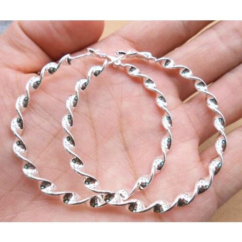 WQQCR New Arrival 925 Jewelry Silver Plated 47MM Twist Round Circle Hoop Earring Women Fashion Silver Big Hoop Earring Jewelry