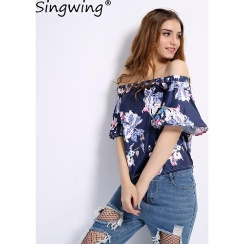 Singwing Women Off the shoulder Shirts Printed Flower Chiffon Blouse Short Sleeve Summer Casual printed Shirts